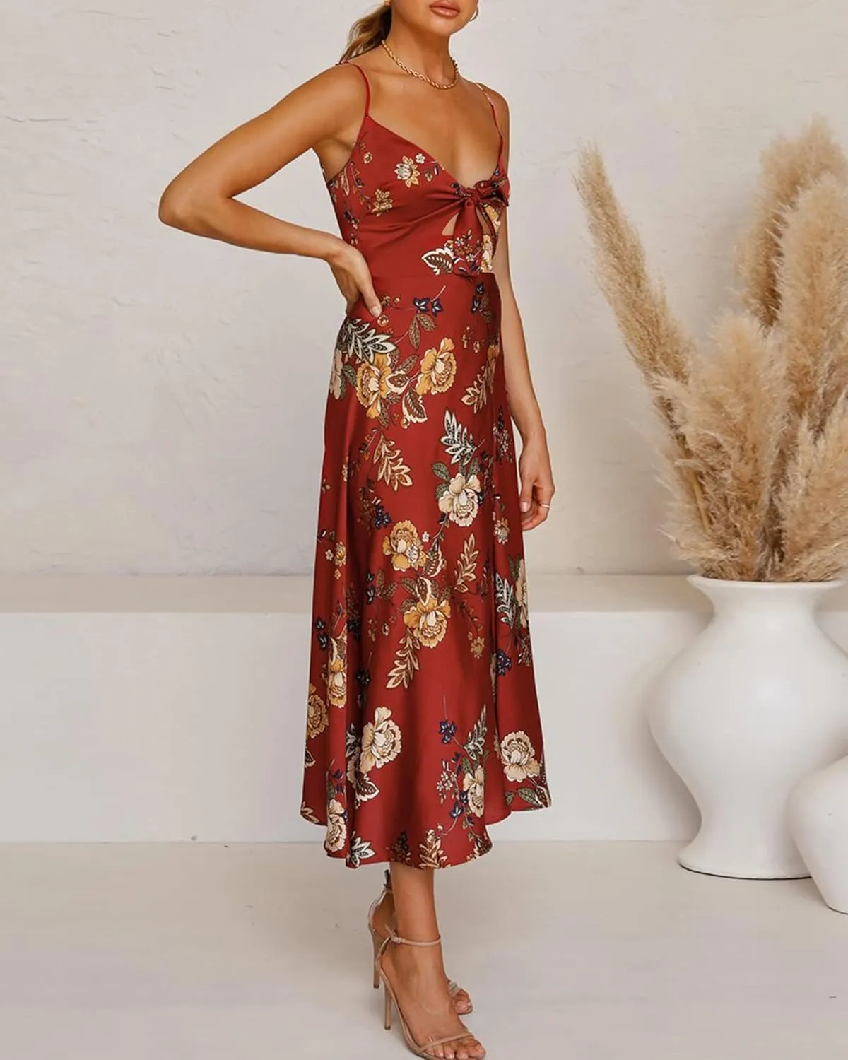 Fashionme Women Spaghetti Strap Midi Satin Dresses Tie Front Backless Split Hollow Dress