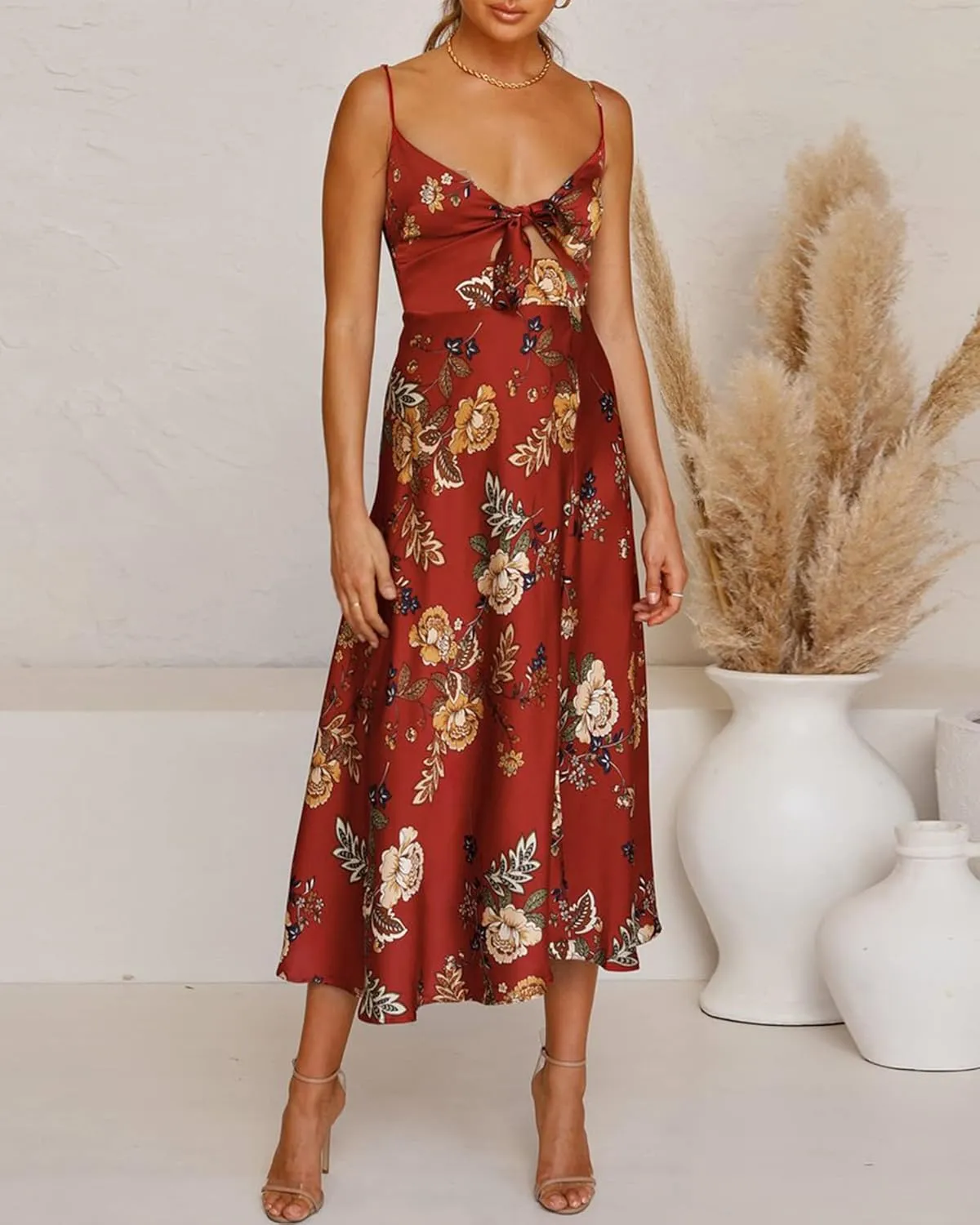 Fashionme Women Spaghetti Strap Midi Satin Dresses Tie Front Backless Split Hollow Dress