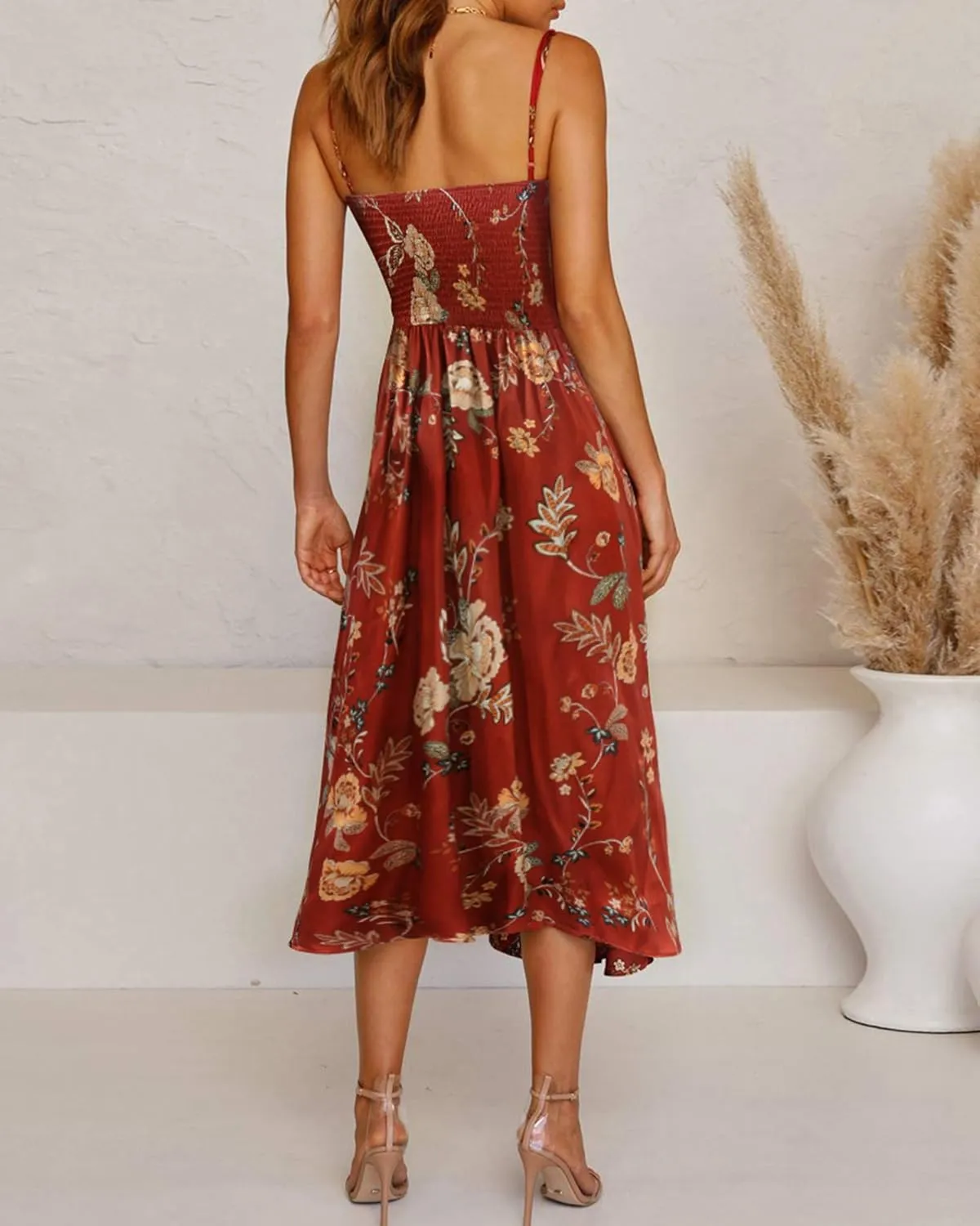 Fashionme Women Spaghetti Strap Midi Satin Dresses Tie Front Backless Split Hollow Dress