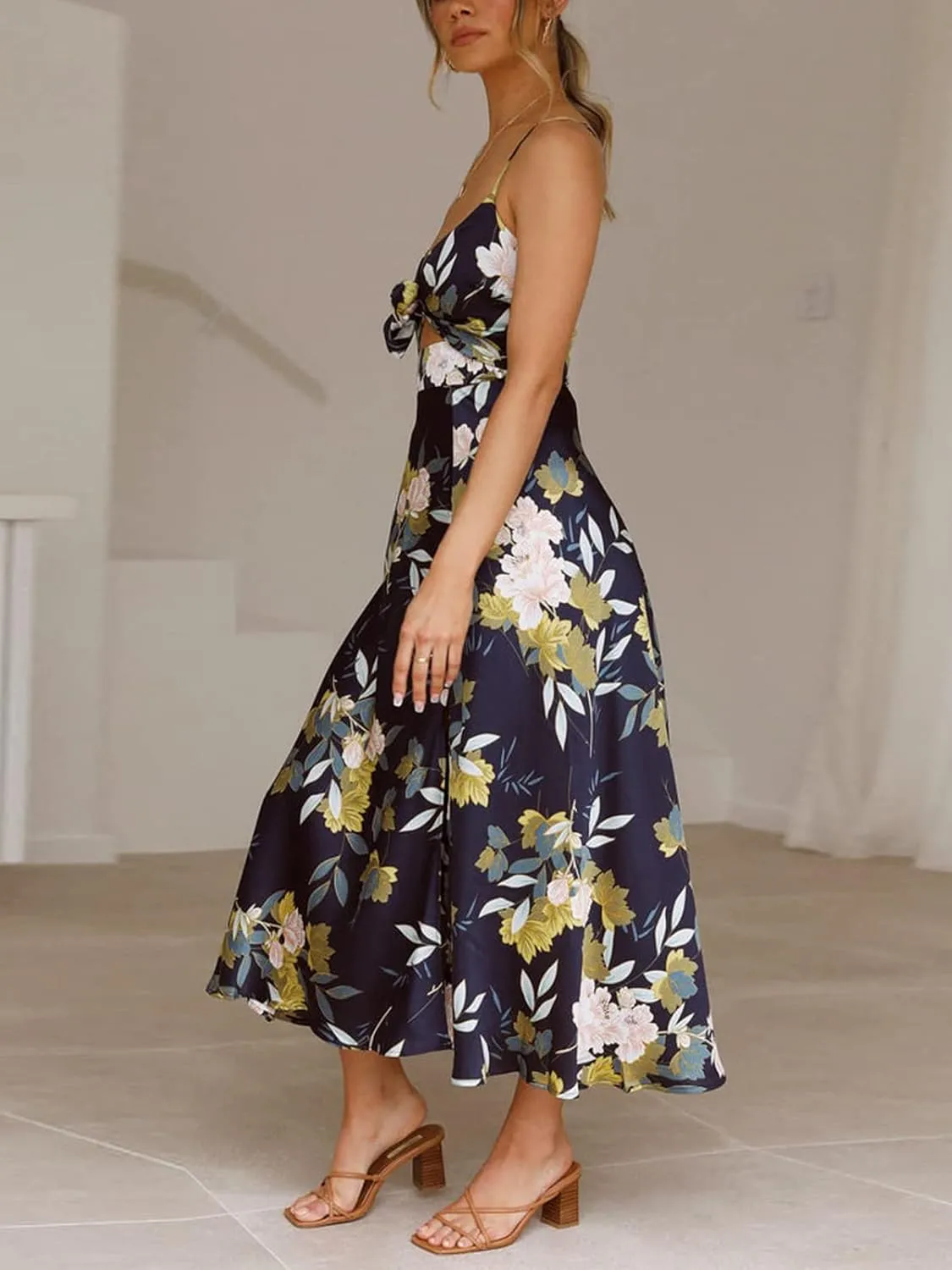 Fashionme Women Spaghetti Strap Midi Satin Dresses Tie Front Backless Split Hollow Dress