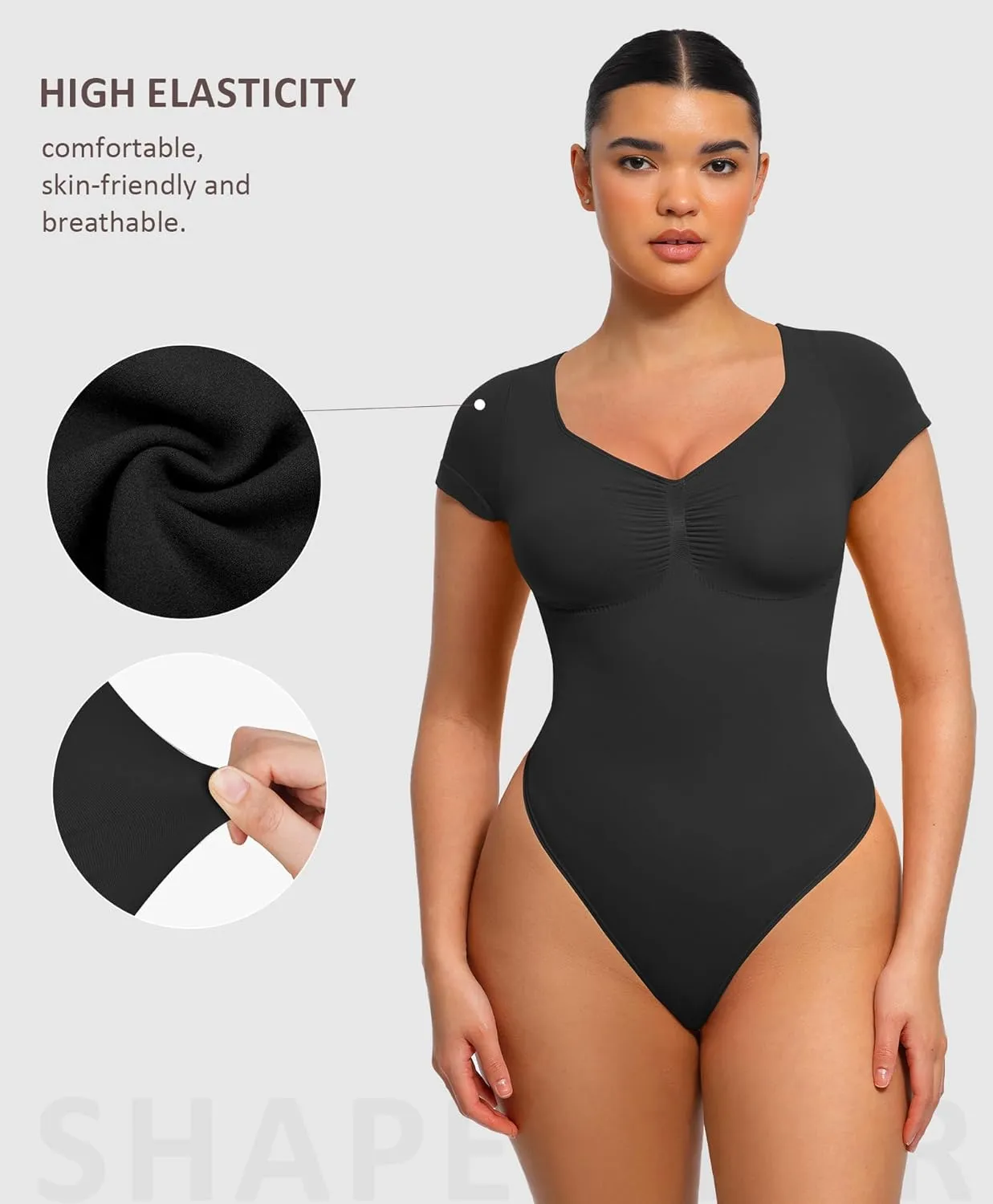FeelinGirl Short Sleeve Bodysuit for Women V Neck Tummy Control Shapewear Seamless Thong Body Suits Tops