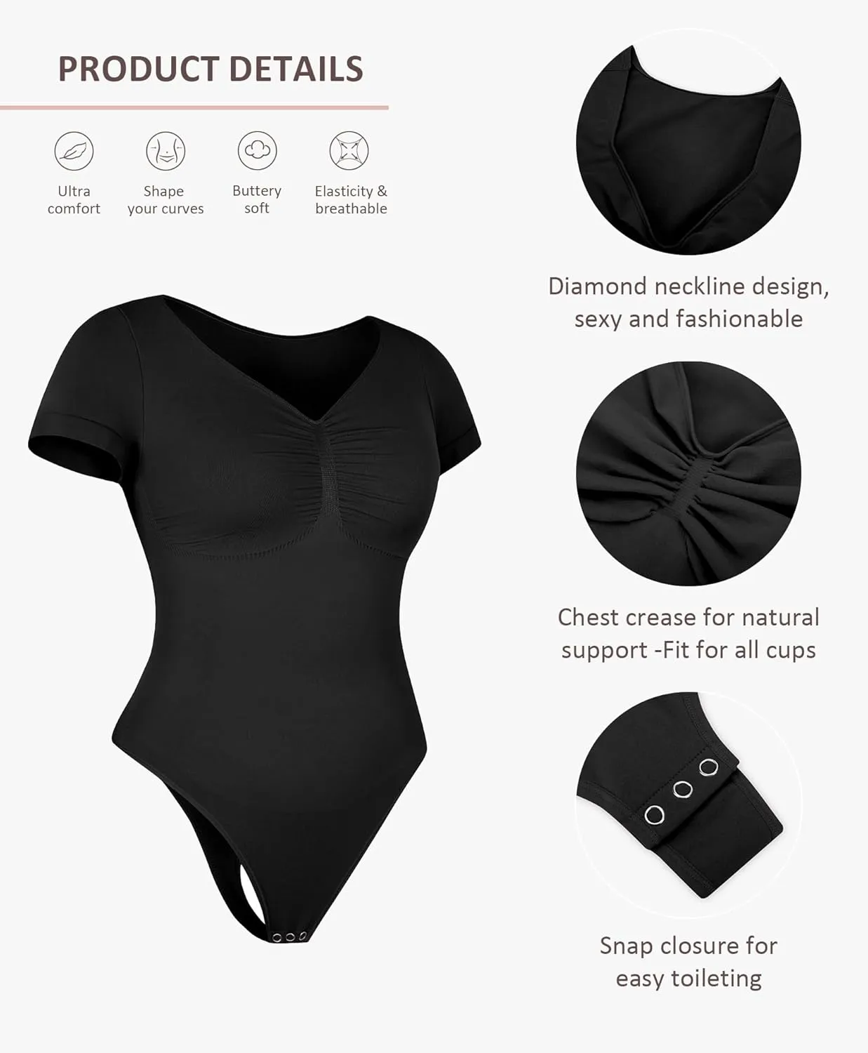 FeelinGirl Short Sleeve Bodysuit for Women V Neck Tummy Control Shapewear Seamless Thong Body Suits Tops