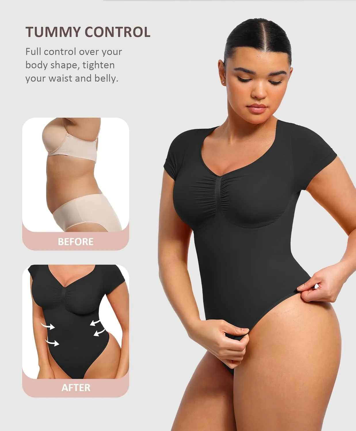 FeelinGirl Short Sleeve Bodysuit for Women V Neck Tummy Control Shapewear Seamless Thong Body Suits Tops