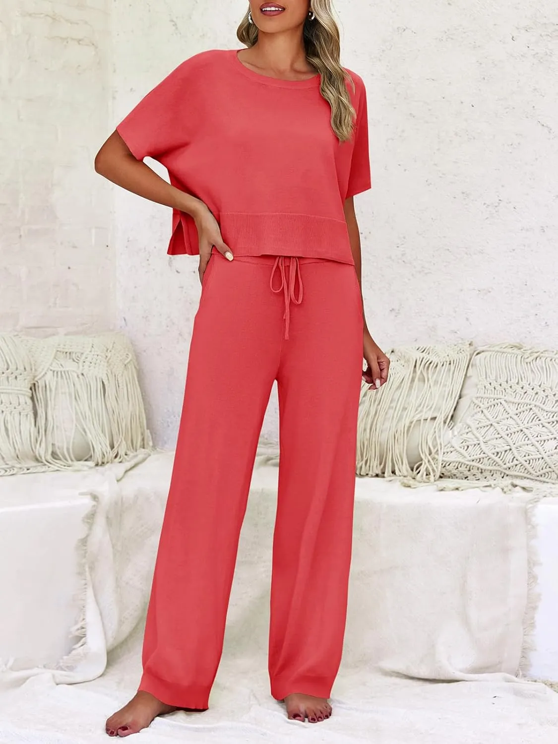 Fisoew Womens 2 Piece Outfits Sweater Sets Knit Split Crop Tops High Waisted Pants Lounge Set