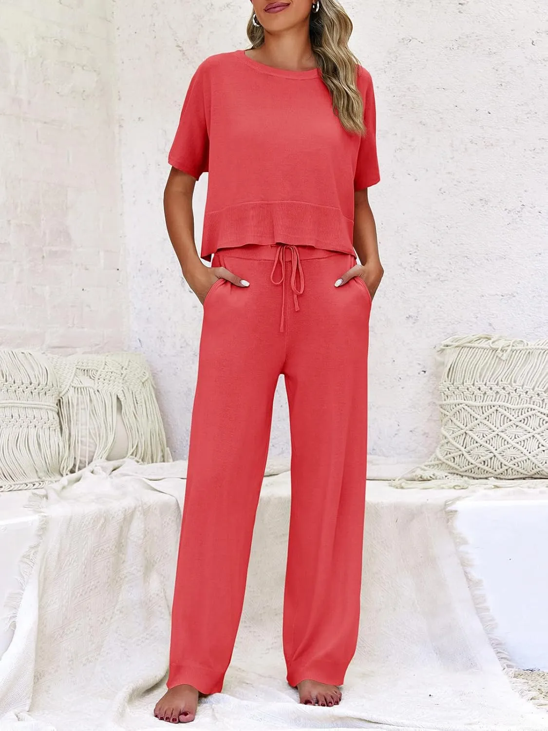 Fisoew Womens 2 Piece Outfits Sweater Sets Knit Split Crop Tops High Waisted Pants Lounge Set