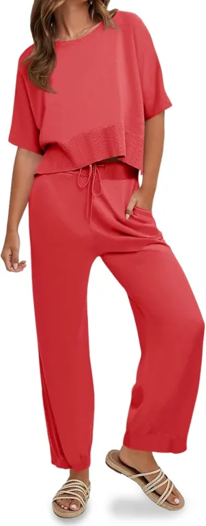 Fisoew Womens 2 Piece Outfits Sweater Sets Knit Split Crop Tops High Waisted Pants Lounge Set