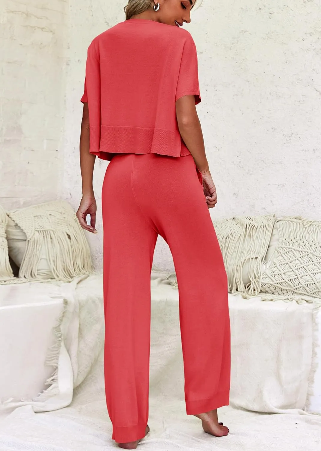 Fisoew Womens 2 Piece Outfits Sweater Sets Knit Split Crop Tops High Waisted Pants Lounge Set