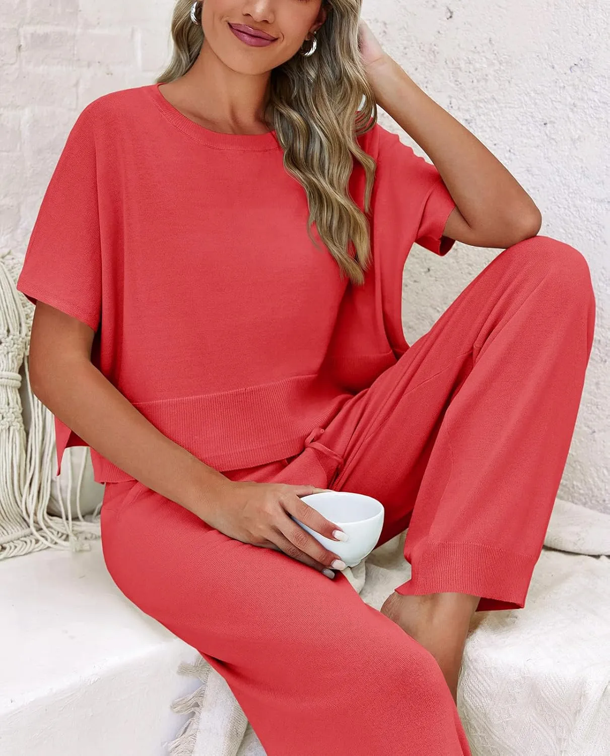 Fisoew Womens 2 Piece Outfits Sweater Sets Knit Split Crop Tops High Waisted Pants Lounge Set