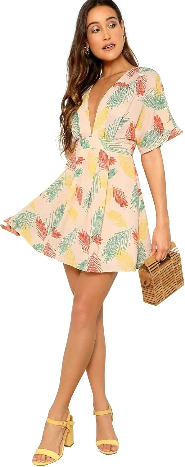 Floerns Women's Tropical Floral Plunging V Neck Tie Open Back Summer Short Dress