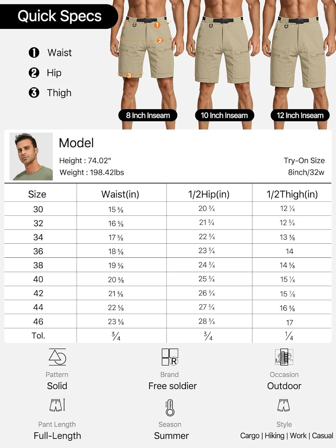 FREE SOLDIER Men's Cargo Hiking Shorts with Belt Lightweight Quick Dry Tactical Shorts with Pockets for Casual Work Golf