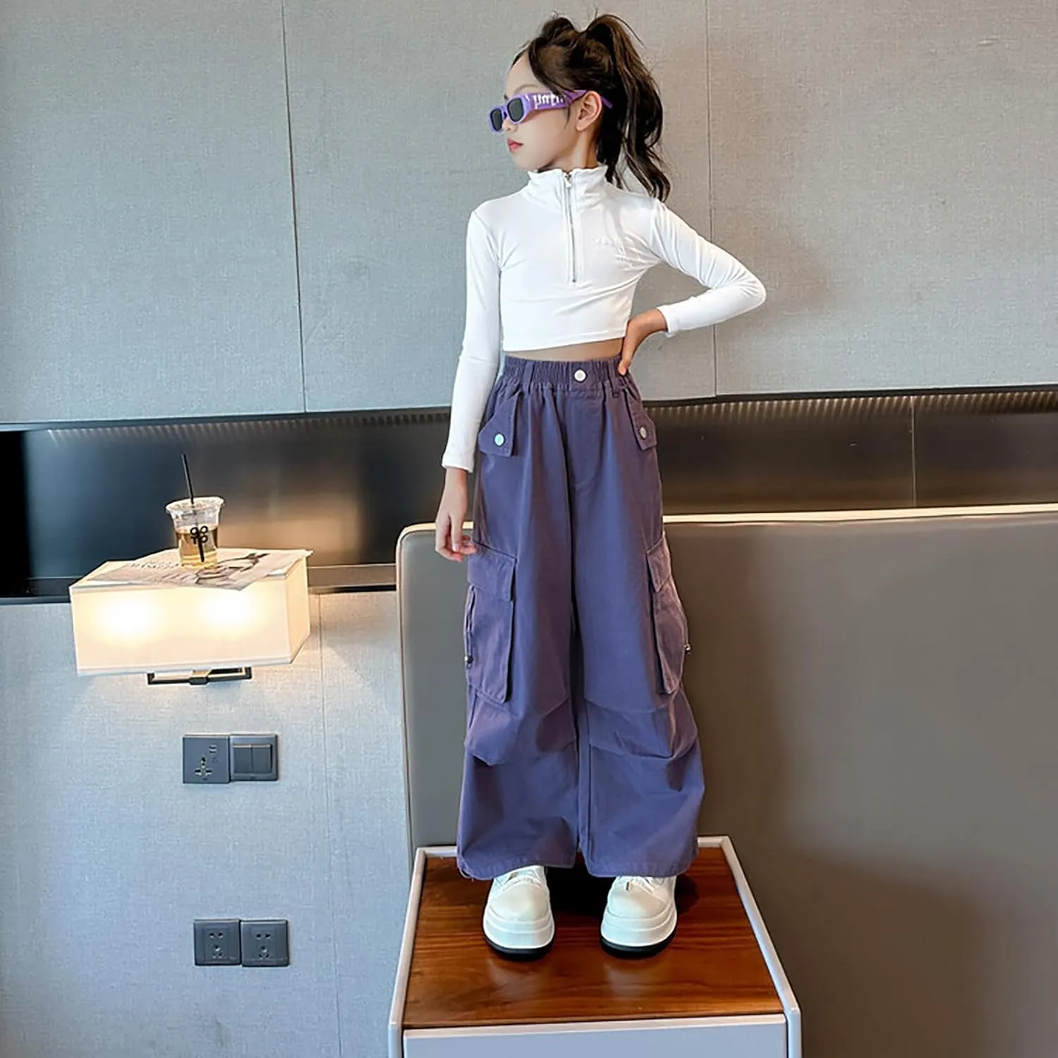 Girls Baggy Cargo Pants Lightweight Wide Leg Drawstring Elastic Waist Loose Fit School Hiking Trousers with Pockets