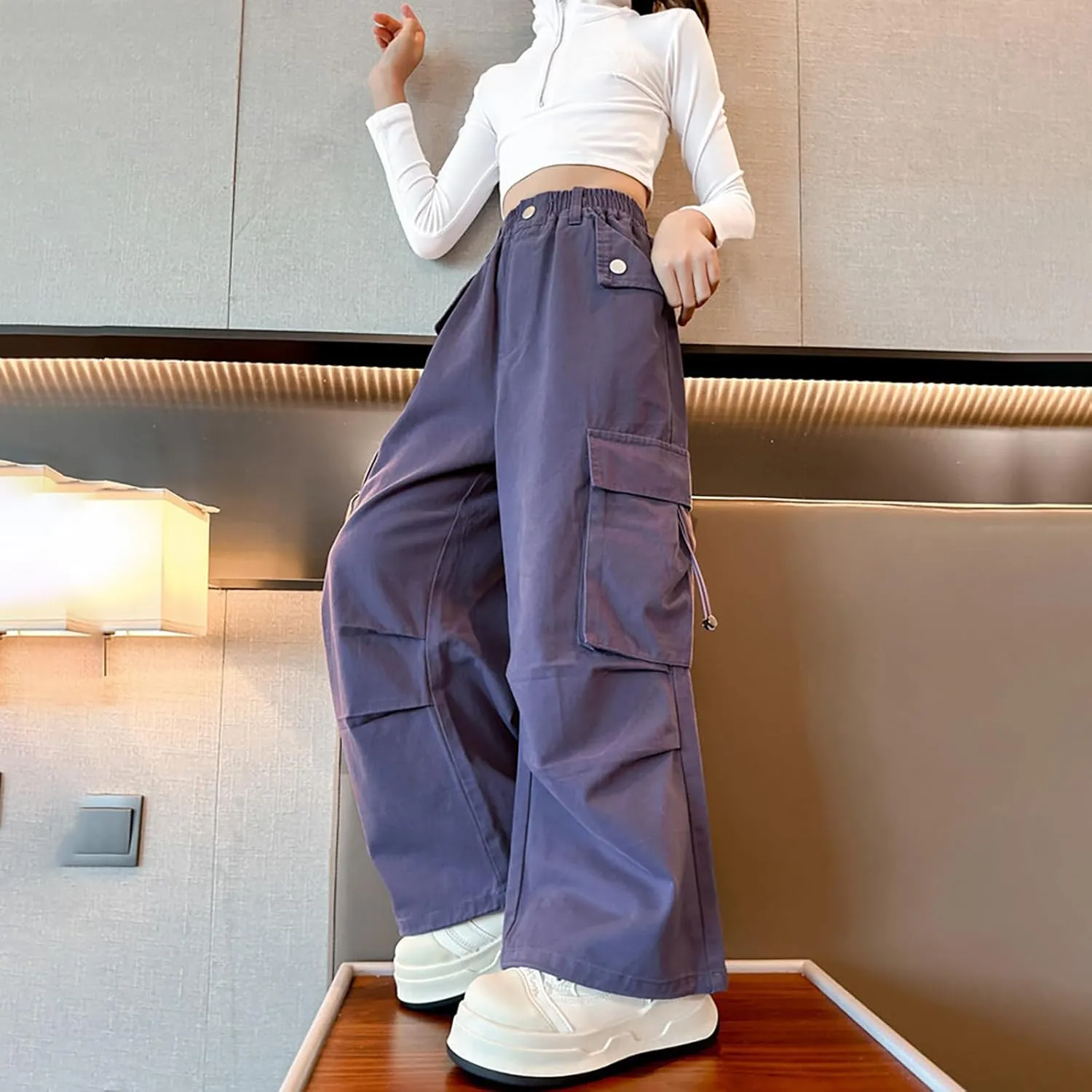 Girls Baggy Cargo Pants Lightweight Wide Leg Drawstring Elastic Waist Loose Fit School Hiking Trousers with Pockets