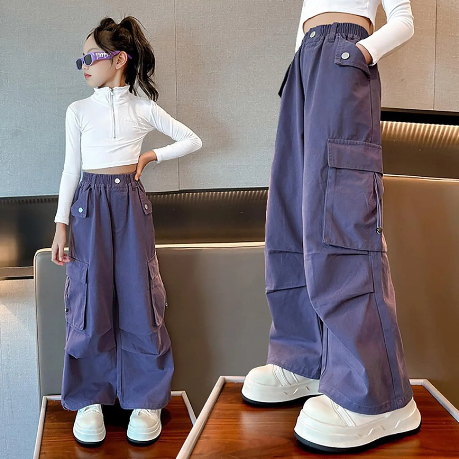 Girls Baggy Cargo Pants Lightweight Wide Leg Drawstring Elastic Waist Loose Fit School Hiking Trousers with Pockets