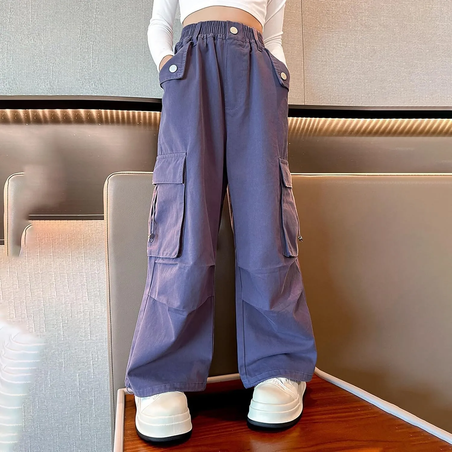 Girls Baggy Cargo Pants Lightweight Wide Leg Drawstring Elastic Waist Loose Fit School Hiking Trousers with Pockets