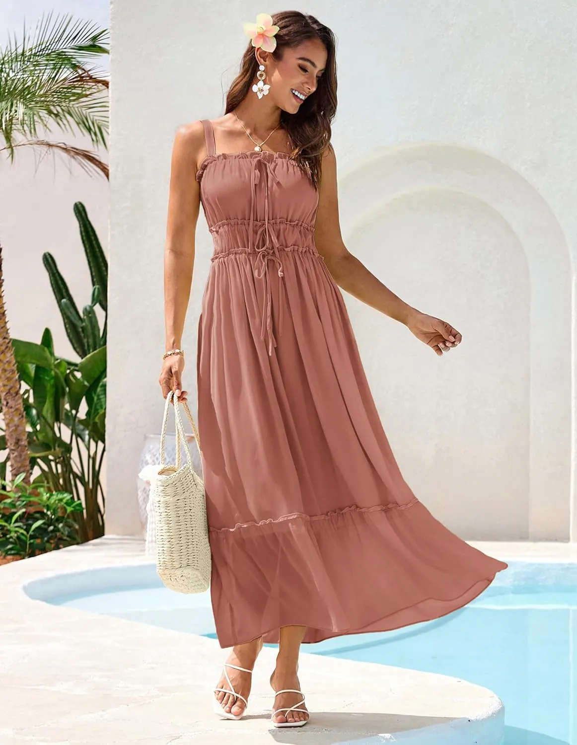 GRACE KARIN 2025 Womens Summer Flowy A-line Boho Dresses Spaghetti Strap Long Beach Sundress Smocked Maxi Dress with Pockets