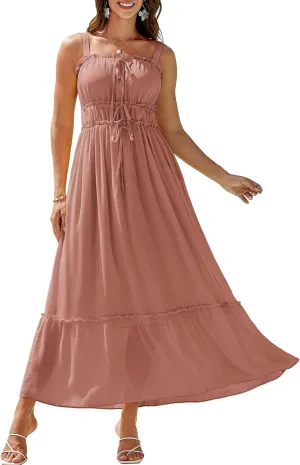 GRACE KARIN 2025 Womens Summer Flowy A-line Boho Dresses Spaghetti Strap Long Beach Sundress Smocked Maxi Dress with Pockets