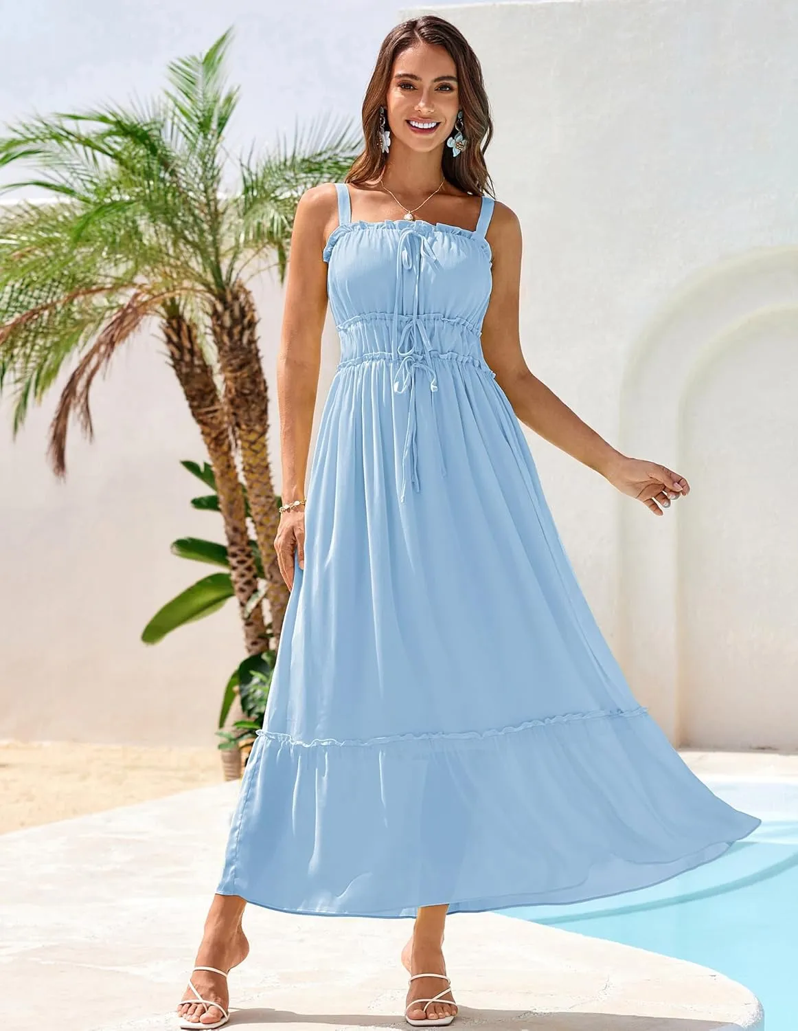 GRACE KARIN 2025 Womens Summer Flowy A-line Boho Dresses Spaghetti Strap Long Beach Sundress Smocked Maxi Dress with Pockets