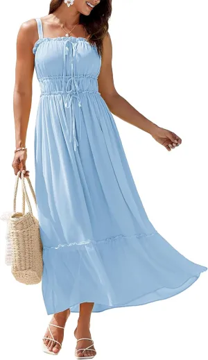 GRACE KARIN 2025 Womens Summer Flowy A-line Boho Dresses Spaghetti Strap Long Beach Sundress Smocked Maxi Dress with Pockets