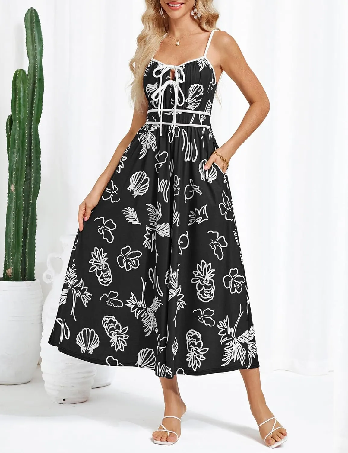 GRACE KARIN Women's 2025 Summer Casual Floral Boho Dress Spaghetti Strap Flowy Beach Maxi Dresses