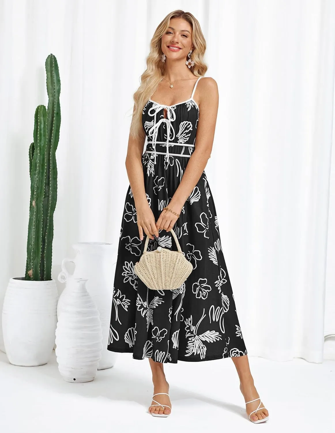 GRACE KARIN Women's 2025 Summer Casual Floral Boho Dress Spaghetti Strap Flowy Beach Maxi Dresses