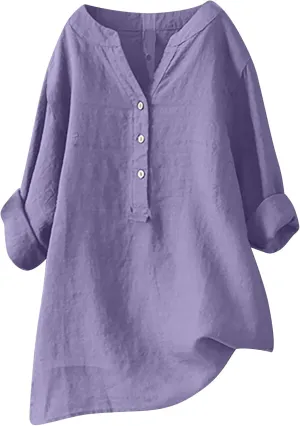 HGps8w Oversized Cotton Linen Tops for Women Half Button V Neck Long Sleeve Loose T-Shirts Summer Solid Color Tunic Blouse