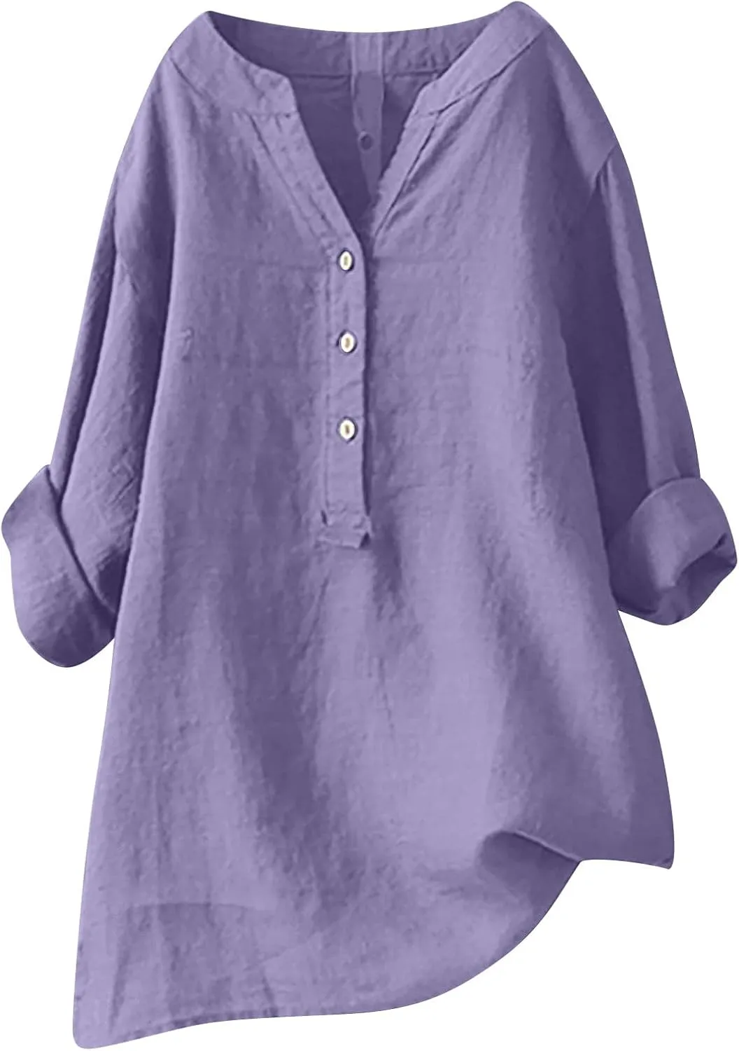 HGps8w Oversized Cotton Linen Tops for Women Half Button V Neck Long Sleeve Loose T-Shirts Summer Solid Color Tunic Blouse