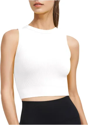 HGps8w Women's Bulit-in-Bra Tank Tops Ribbed Sexy Sleeveless Fitted Casual Basic Stretchy Cropped Workout Shirts