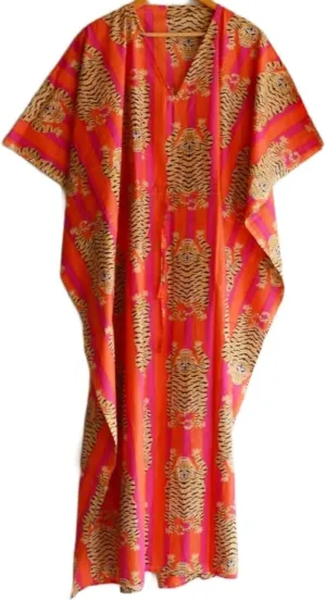 Indian Printed Handmade Kaftan Dress Long Top Caftan, Dress Beach Cover up, Tiger Hand Block Print Sleepwear Maxi Dress Kimono Robe Multi
