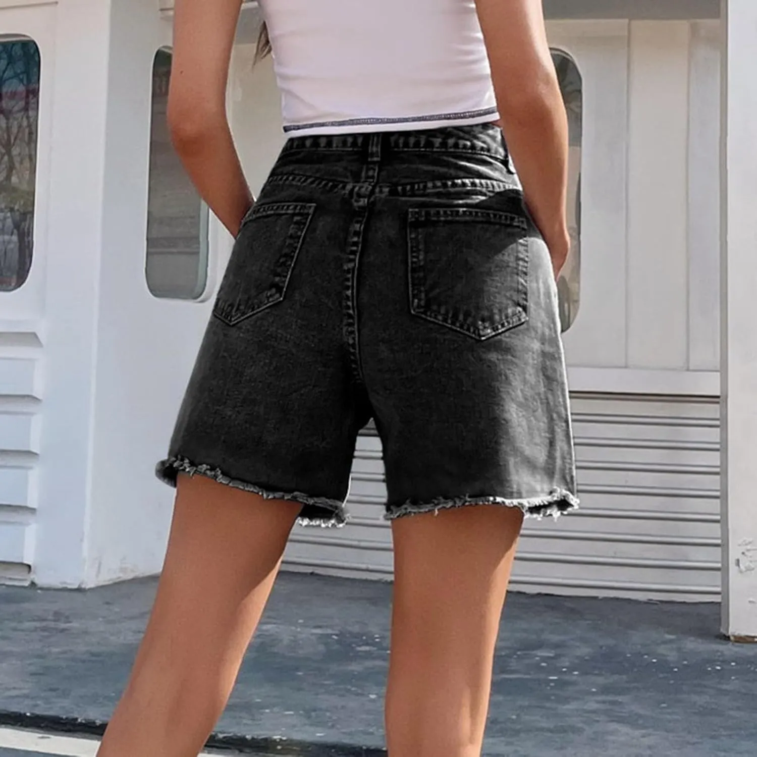 Jean Shorts for Women Trendy High Waisted Stretchy Denim Summer Raw Hem Mom Long Shorts Cutoff Jorts with Pockets