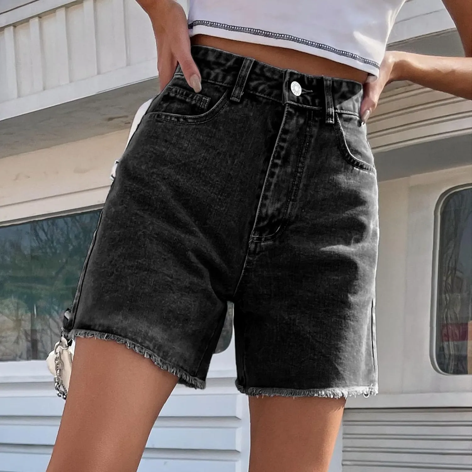 Jean Shorts for Women Trendy High Waisted Stretchy Denim Summer Raw Hem Mom Long Shorts Cutoff Jorts with Pockets