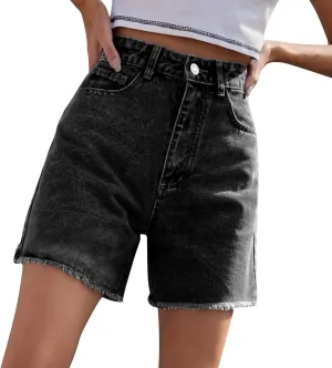 Jean Shorts for Women Trendy High Waisted Stretchy Denim Summer Raw Hem Mom Long Shorts Cutoff Jorts with Pockets