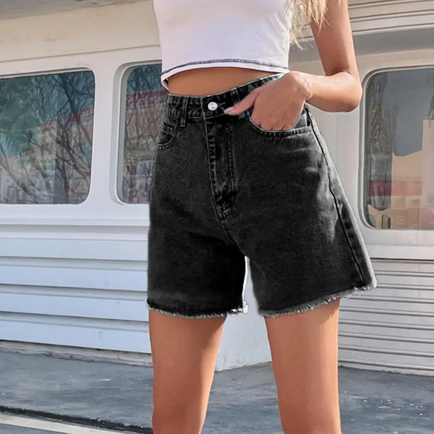 Jean Shorts for Women Trendy High Waisted Stretchy Denim Summer Raw Hem Mom Long Shorts Cutoff Jorts with Pockets