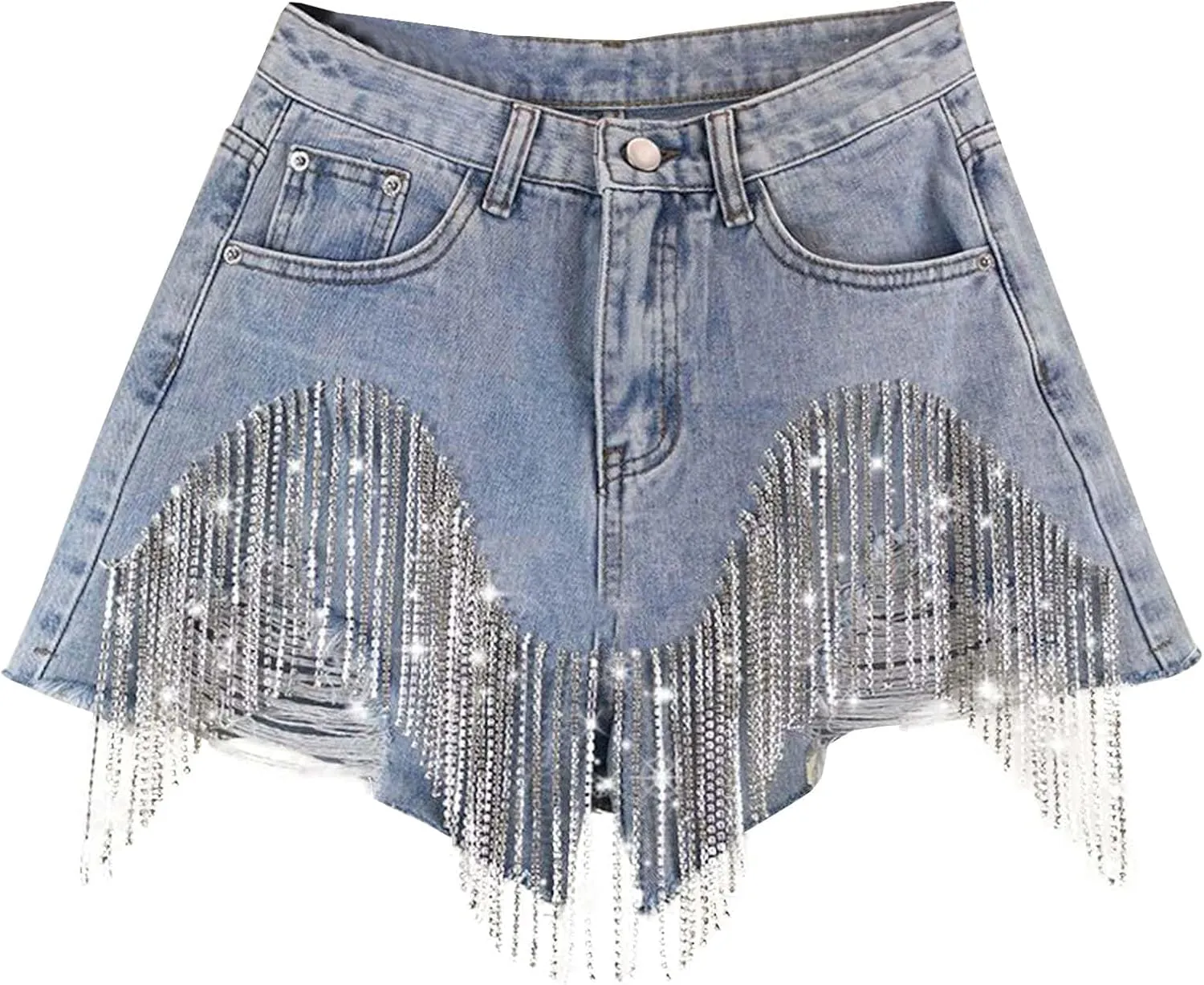 Jean Shorts Womens High Waisted Ripped Soft Rhinestone Pearl Beaded Fringe Comfy Tassel Denim Short Raw Hem Frayed Shorts