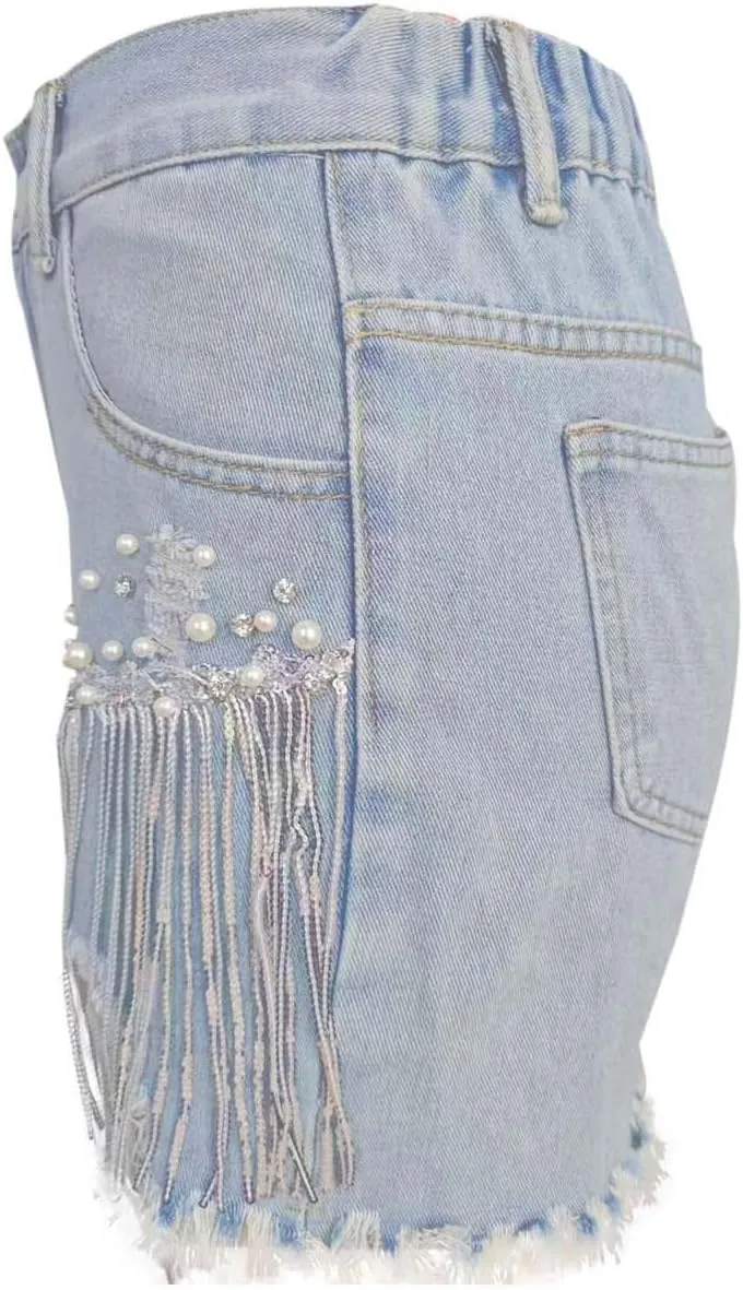 Jean Shorts Womens High Waisted Ripped Soft Rhinestone Pearl Beaded Fringe Comfy Tassel Denim Short Raw Hem Frayed Shorts