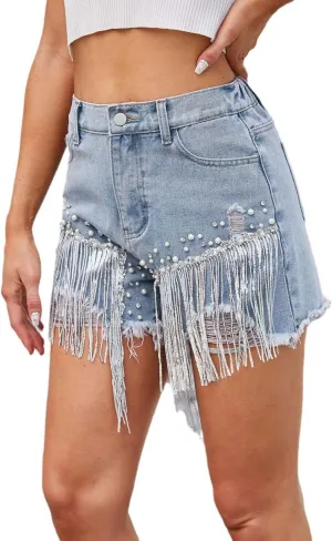 Jean Shorts Womens High Waisted Ripped Soft Rhinestone Pearl Beaded Fringe Comfy Tassel Denim Short Raw Hem Frayed Shorts
