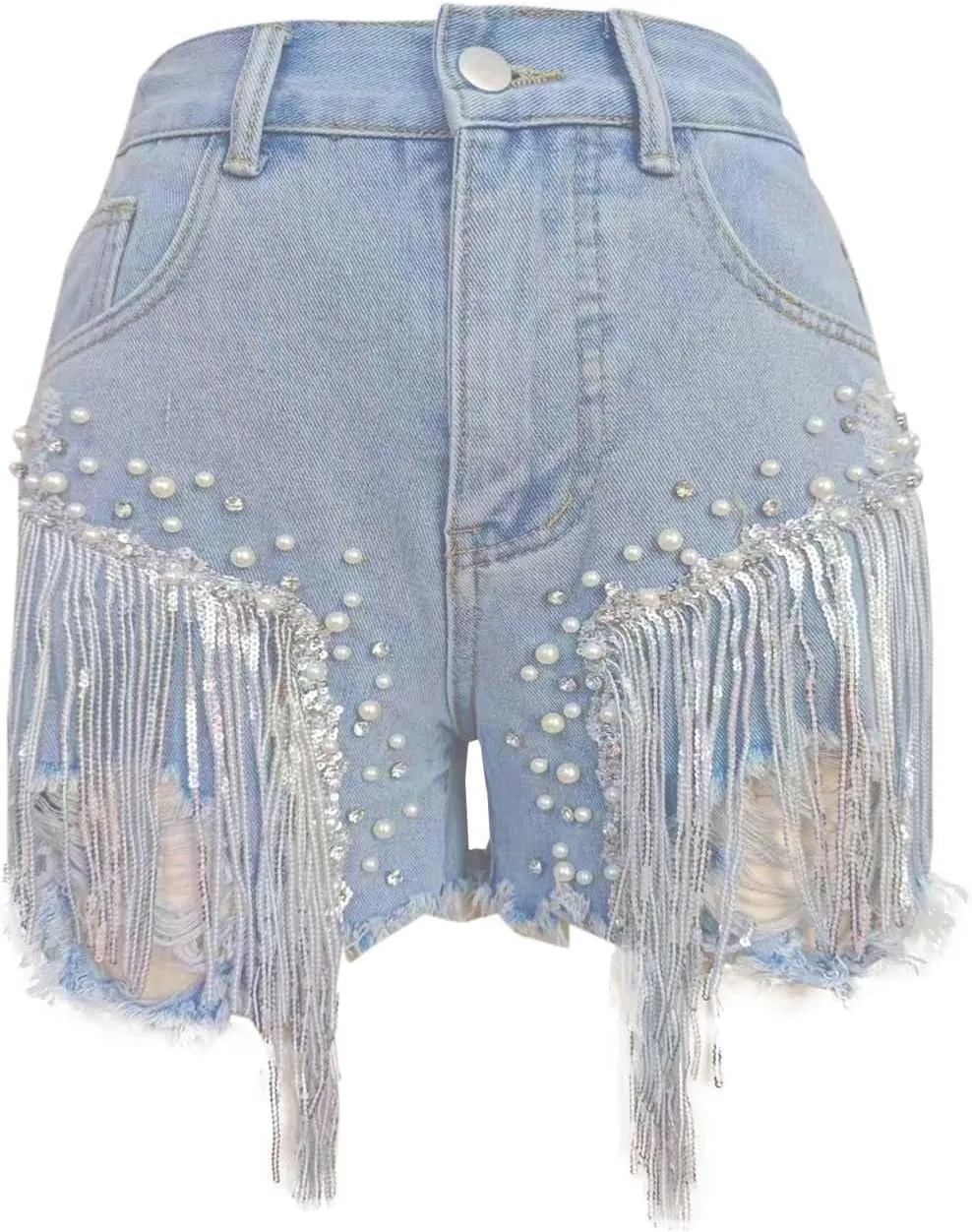 Jean Shorts Womens High Waisted Ripped Soft Rhinestone Pearl Beaded Fringe Comfy Tassel Denim Short Raw Hem Frayed Shorts
