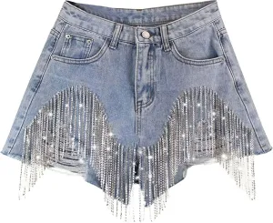 Jean Shorts Womens High Waisted Ripped Soft Rhinestone Pearl Beaded Fringe Comfy Tassel Denim Short Raw Hem Frayed Shorts