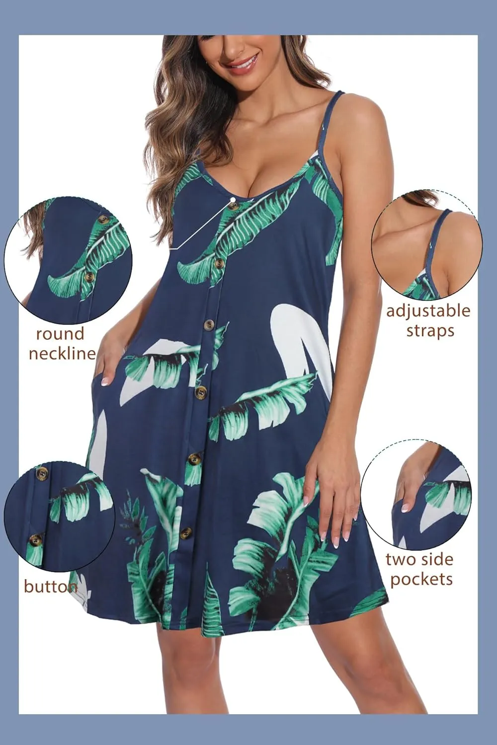 JOELLYUS Summer Dresses for Women Spaghetti Strap Button Down Casual Sundress Beach Cover Up Dress with Pockets