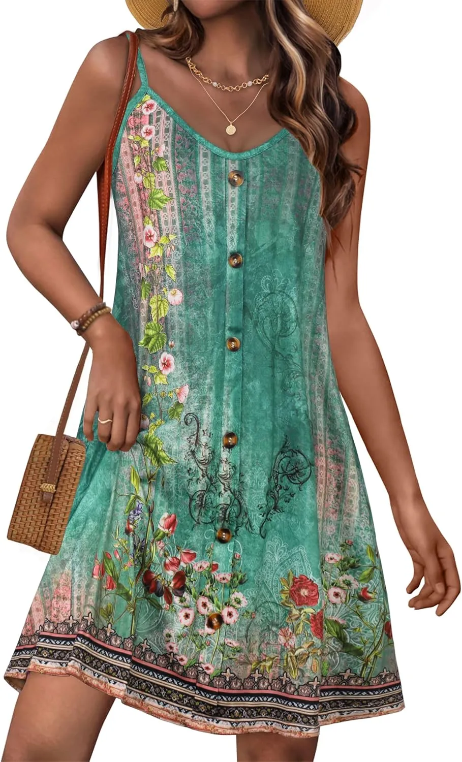 JOELLYUS Summer Dresses for Women Spaghetti Strap Button Down Casual Sundress Beach Cover Up Dress with Pockets