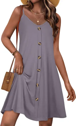 JOELLYUS Summer Dresses for Women Spaghetti Strap Button Down Casual Sundress Beach Cover Up Dress with Pockets