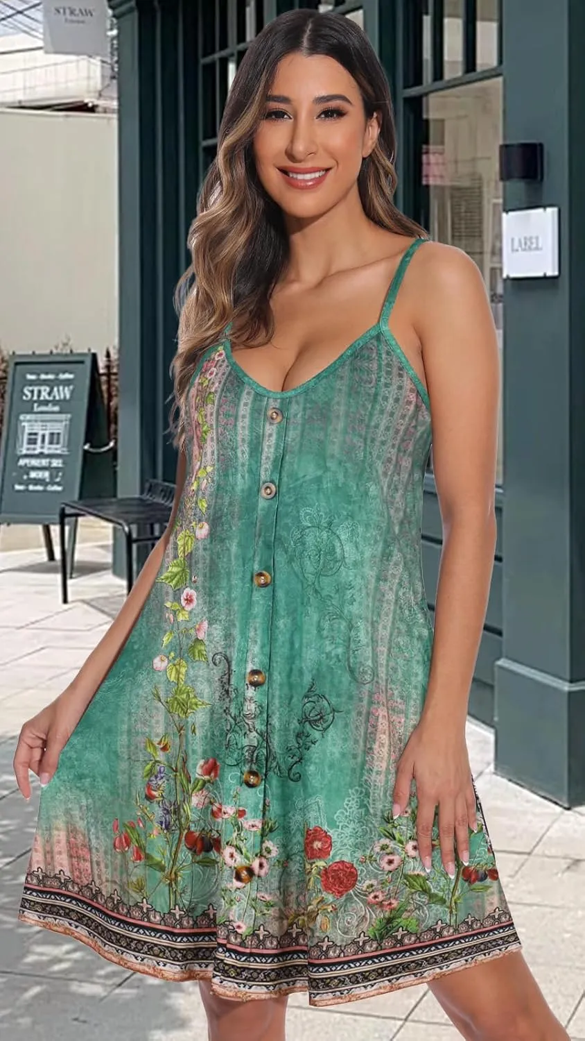 JOELLYUS Summer Dresses for Women Spaghetti Strap Button Down Casual Sundress Beach Cover Up Dress with Pockets