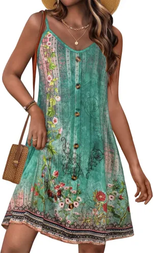 JOELLYUS Summer Dresses for Women Spaghetti Strap Button Down Casual Sundress Beach Cover Up Dress with Pockets