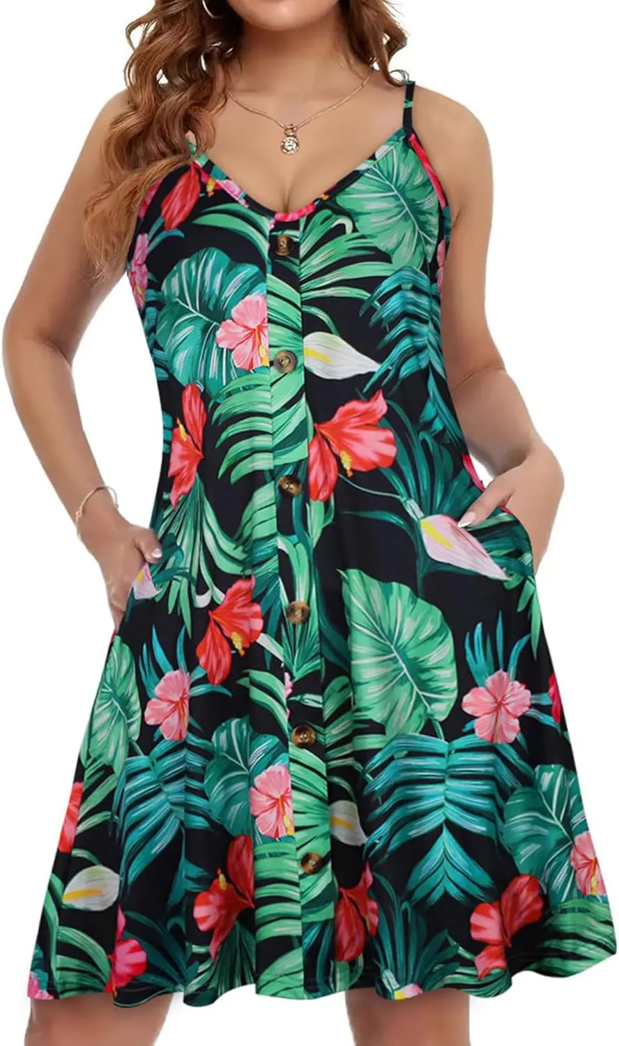 JOELLYUS Summer Dresses for Women Spaghetti Strap Button Down Casual Sundress Beach Cover Up Dress with Pockets