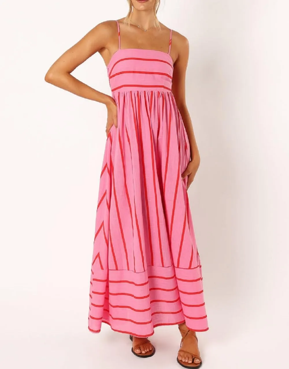 KMBANGI Women Striped Sleeveless Maxi Dress Swing Aline Midi Dress Backless Smocked Spaghetti Strap Boho Flowy Sundress