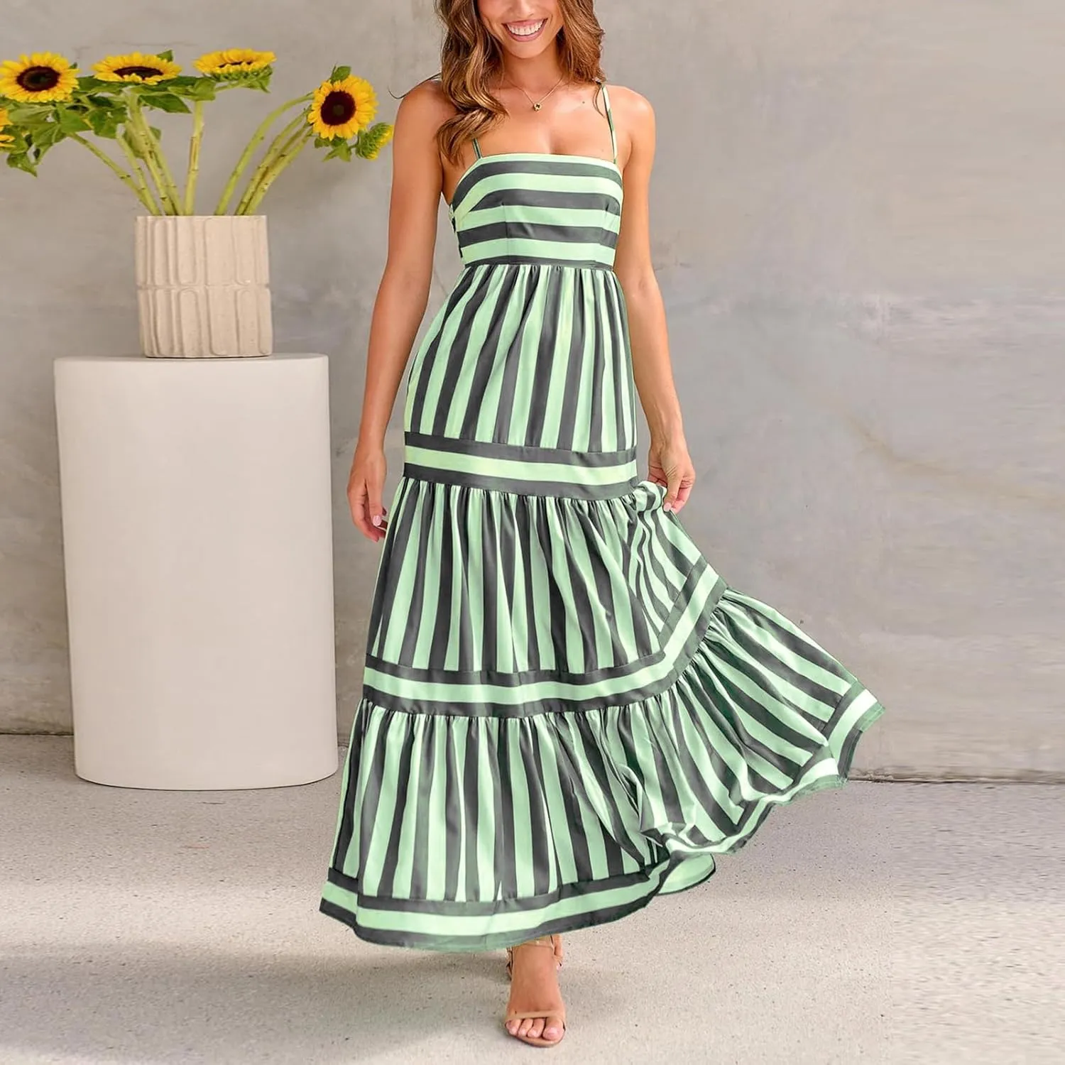 KMBANGI Women Striped Sleeveless Maxi Dress Swing Aline Midi Dress Backless Smocked Spaghetti Strap Boho Flowy Sundress