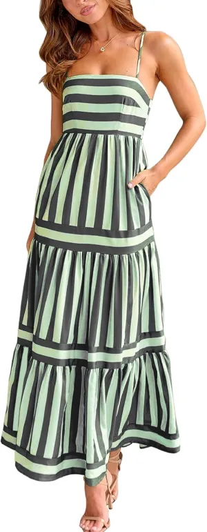 KMBANGI Women Striped Sleeveless Maxi Dress Swing Aline Midi Dress Backless Smocked Spaghetti Strap Boho Flowy Sundress