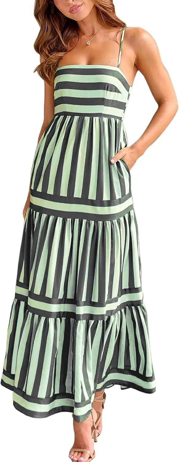 KMBANGI Women Striped Sleeveless Maxi Dress Swing Aline Midi Dress Backless Smocked Spaghetti Strap Boho Flowy Sundress