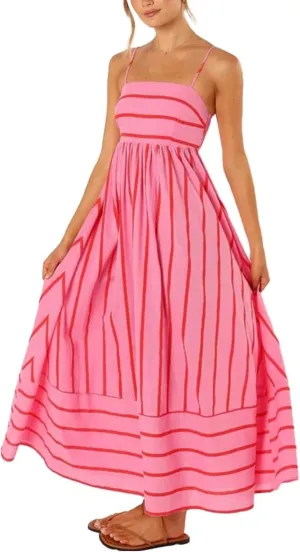 KMBANGI Women Striped Sleeveless Maxi Dress Swing Aline Midi Dress Backless Smocked Spaghetti Strap Boho Flowy Sundress