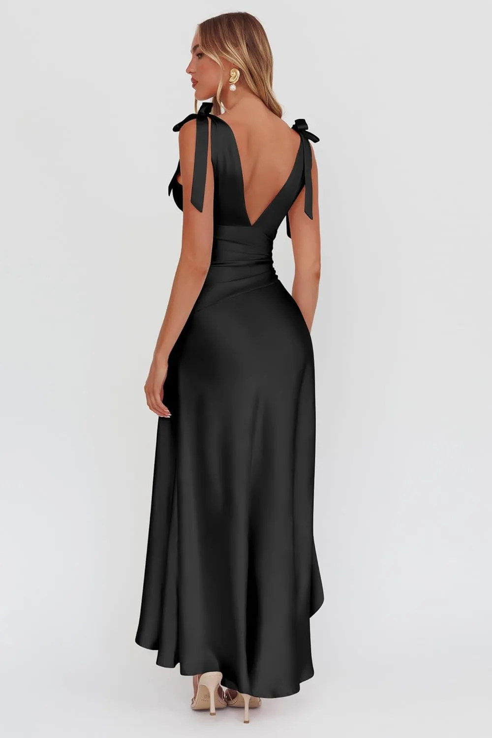 LAGSHIAN Women's Summer V Neck Sleeveless Bodycon Ruched Irregular Hem Cocktail Party Satin Flowy Maxi Dress