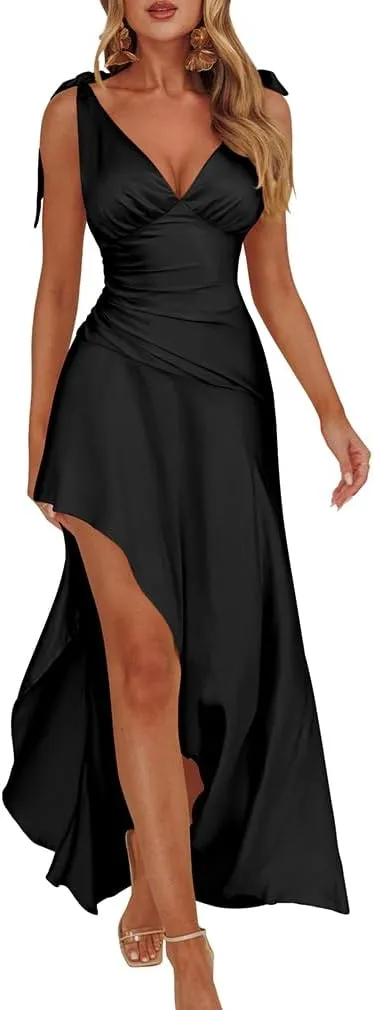 LAGSHIAN Women's Summer V Neck Sleeveless Bodycon Ruched Irregular Hem Cocktail Party Satin Flowy Maxi Dress